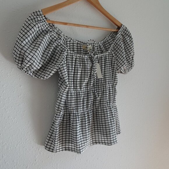 Madewell Omaha Tiered Top Women's Size S Black White Gingham Square Neck - Picture 5 of 9